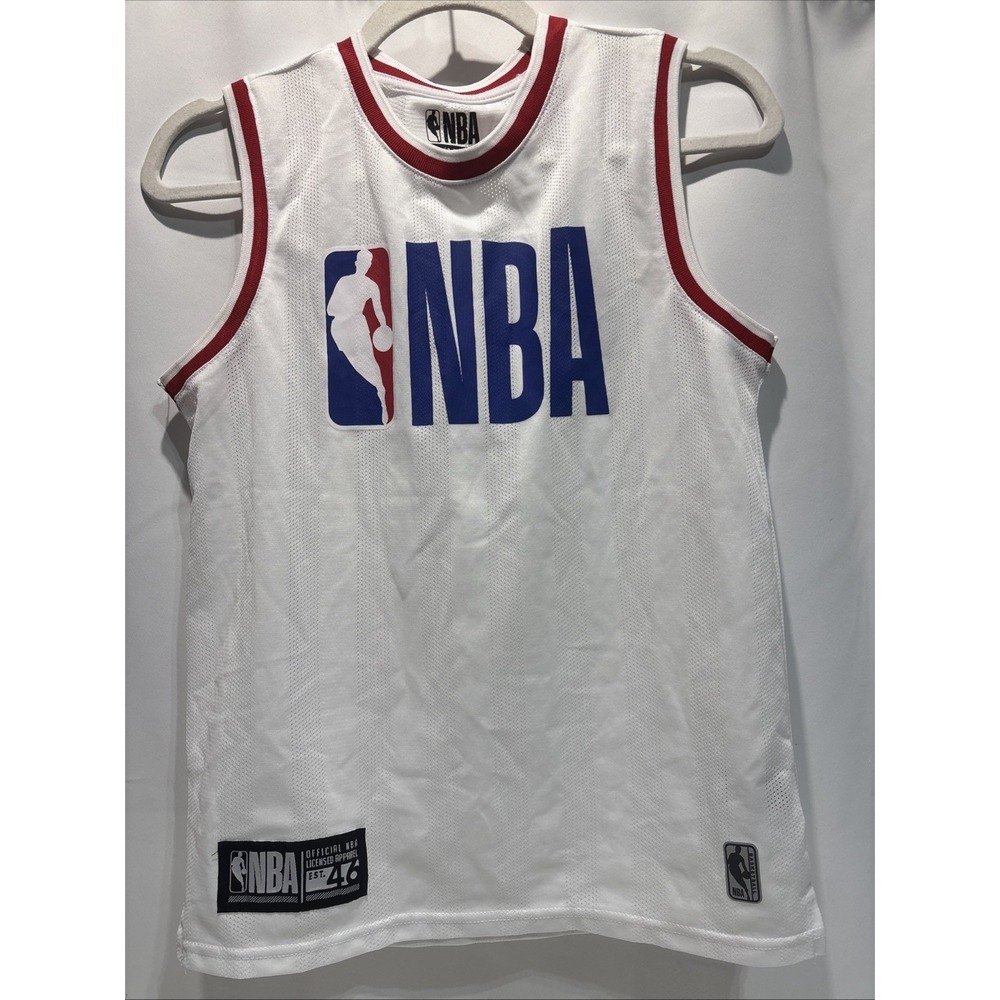 NBA Official Logo Jersey Boys White Red Blue Sleeveless Size L 14-16 Basketball